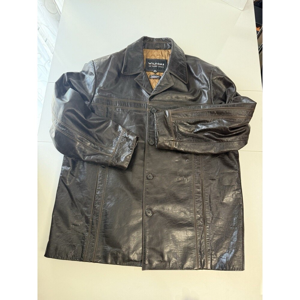 Wilsons Leather Coat Mens XL Brown Thinsulate Quilted Lined Winter Stiff